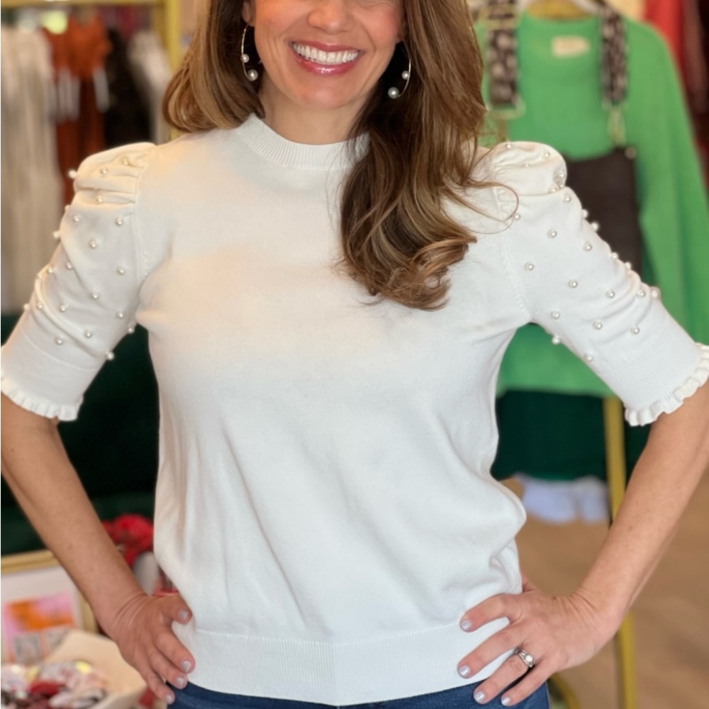 S’edge Elegant White Pearl-Embellished Top NWT